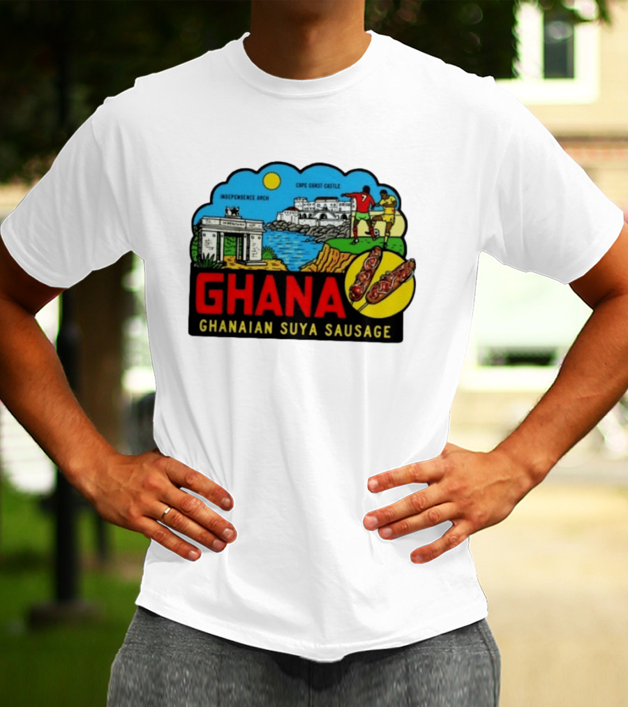Ghana Cape Coast Castle Independence Arch Ghanaian Suya Sausage Soccer Scene T-Shirt
