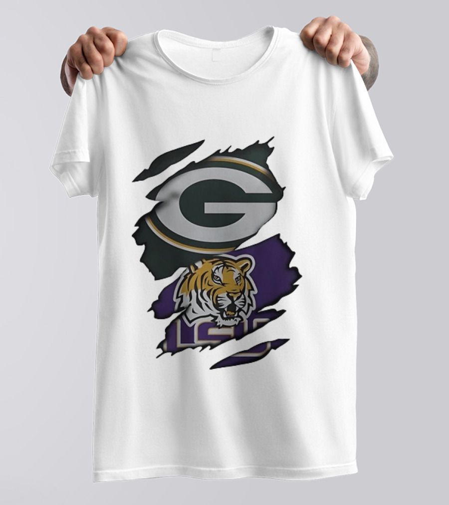 Green Bay Packers G Logo And LSU Tigers Purple And Gold Torn Fabric T-Shirt
