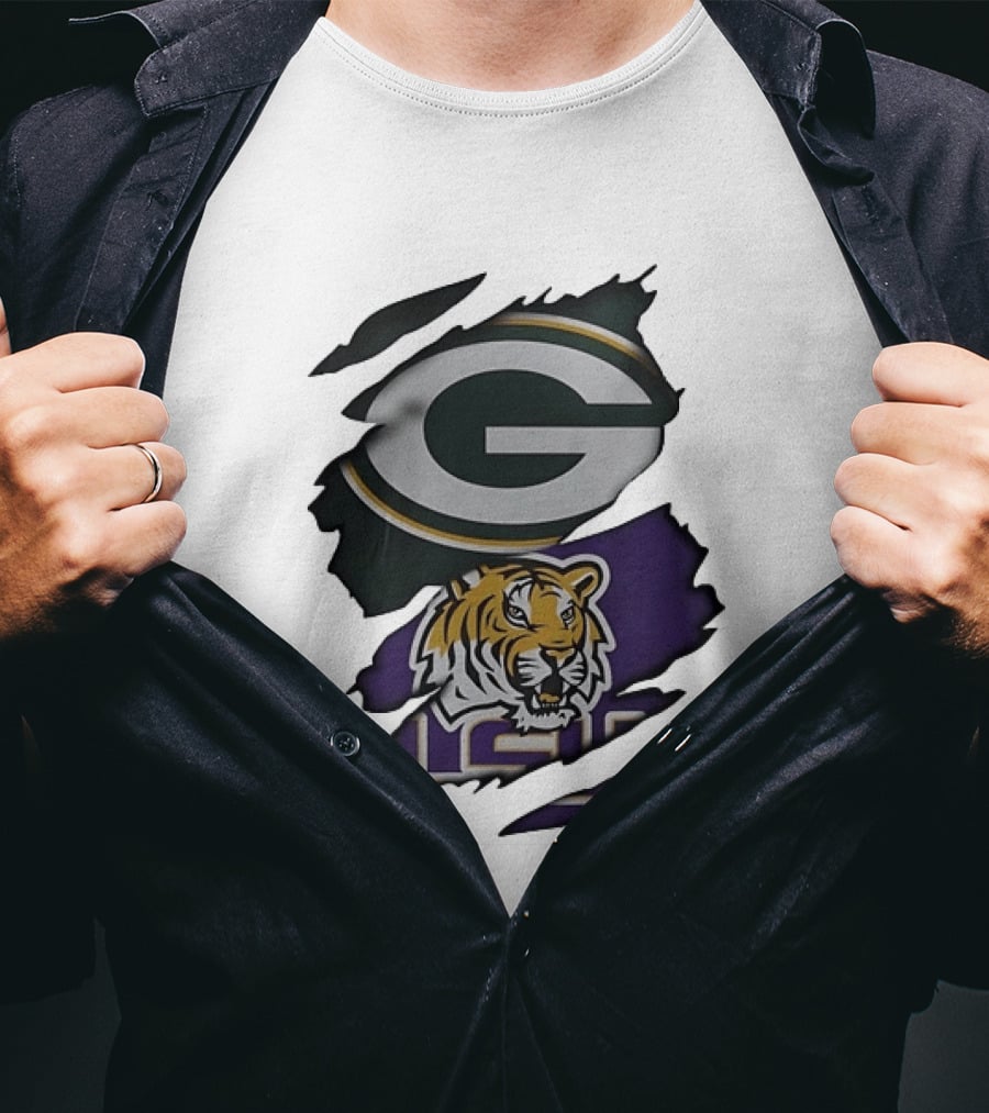 Green Bay Packers G Logo And LSU Tigers Purple And Gold Torn Fabric T-Shirt