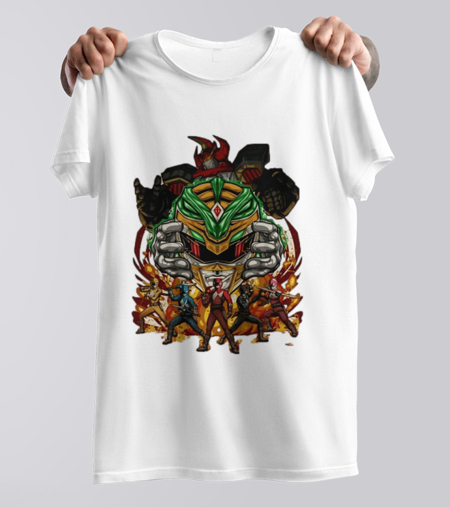 Mighty Morphin Power Rangers Green Ranger Dragonzord Helmet And Team Pose T-Shirt