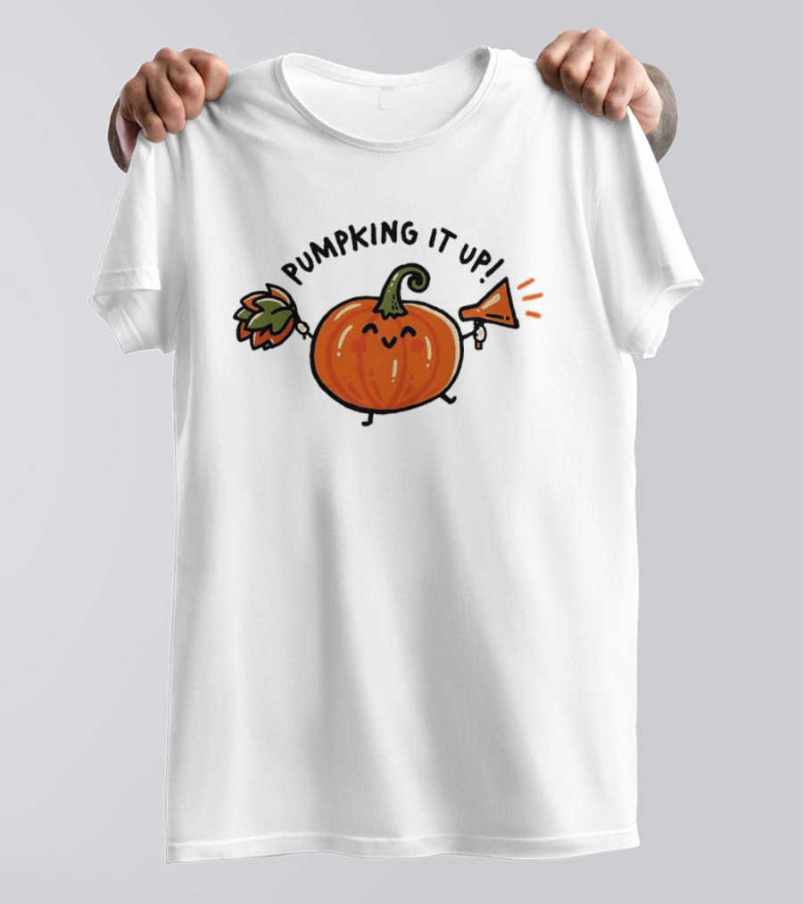 Pumpking It Up Pumpkin Cheerleader Cute Cartoon Holding Megaphone And Pom Pom T-Shirt
