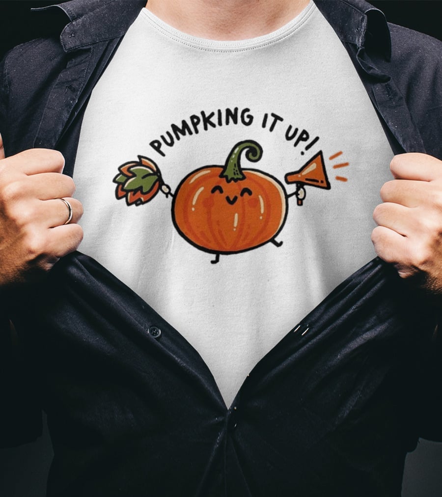 Pumpking It Up Pumpkin Cheerleader Cute Cartoon Holding Megaphone And Pom Pom T-Shirt