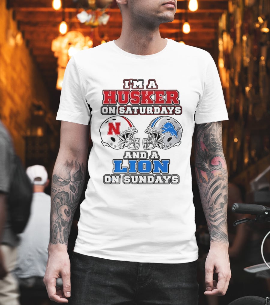Husker On Saturdays And Lion On Sundays Football Helmets T-Shirt