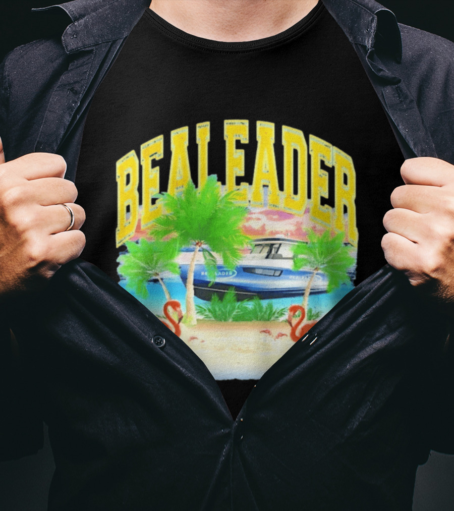 Bealeader Tropical Beach Scene With Palm Trees, Boat, And Flamingos T-Shirt