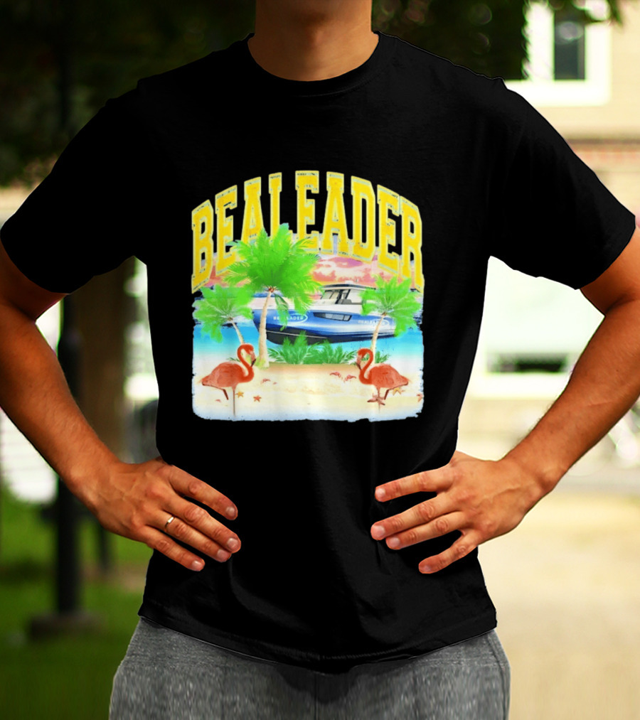 Bealeader Tropical Beach Scene With Palm Trees, Boat, And Flamingos T-Shirt