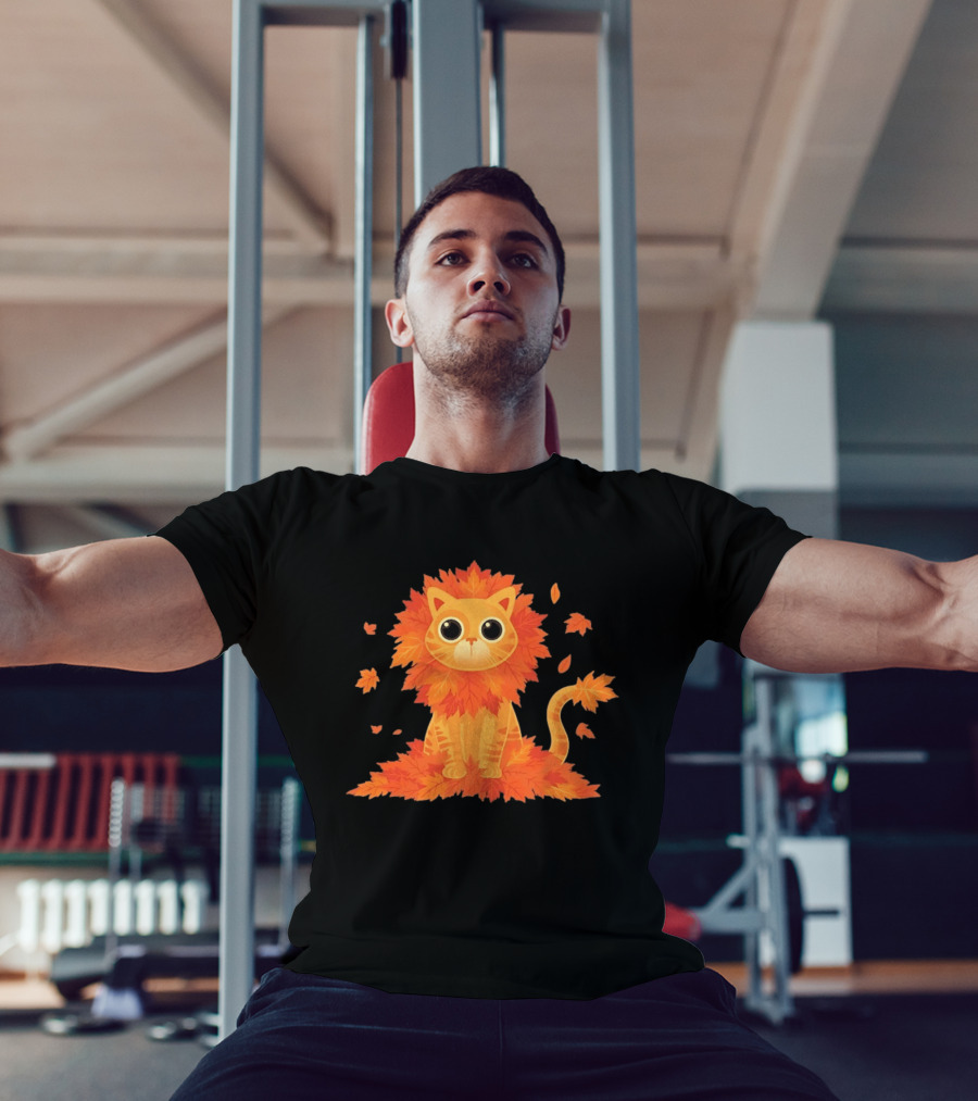 Cat With Autumn Leaves Mane Fall Lion Cozy Cute Kitty T-Shirt