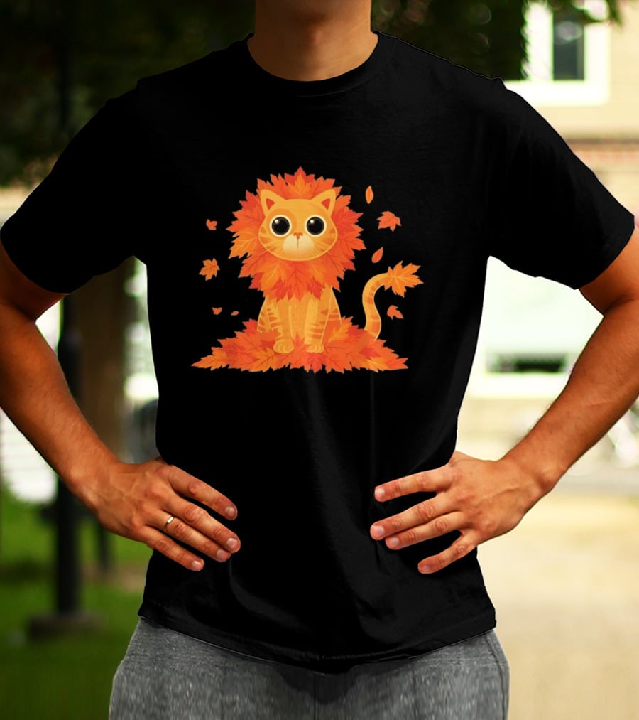 Cat With Autumn Leaves Mane Fall Lion Cozy Cute Kitty T-Shirt