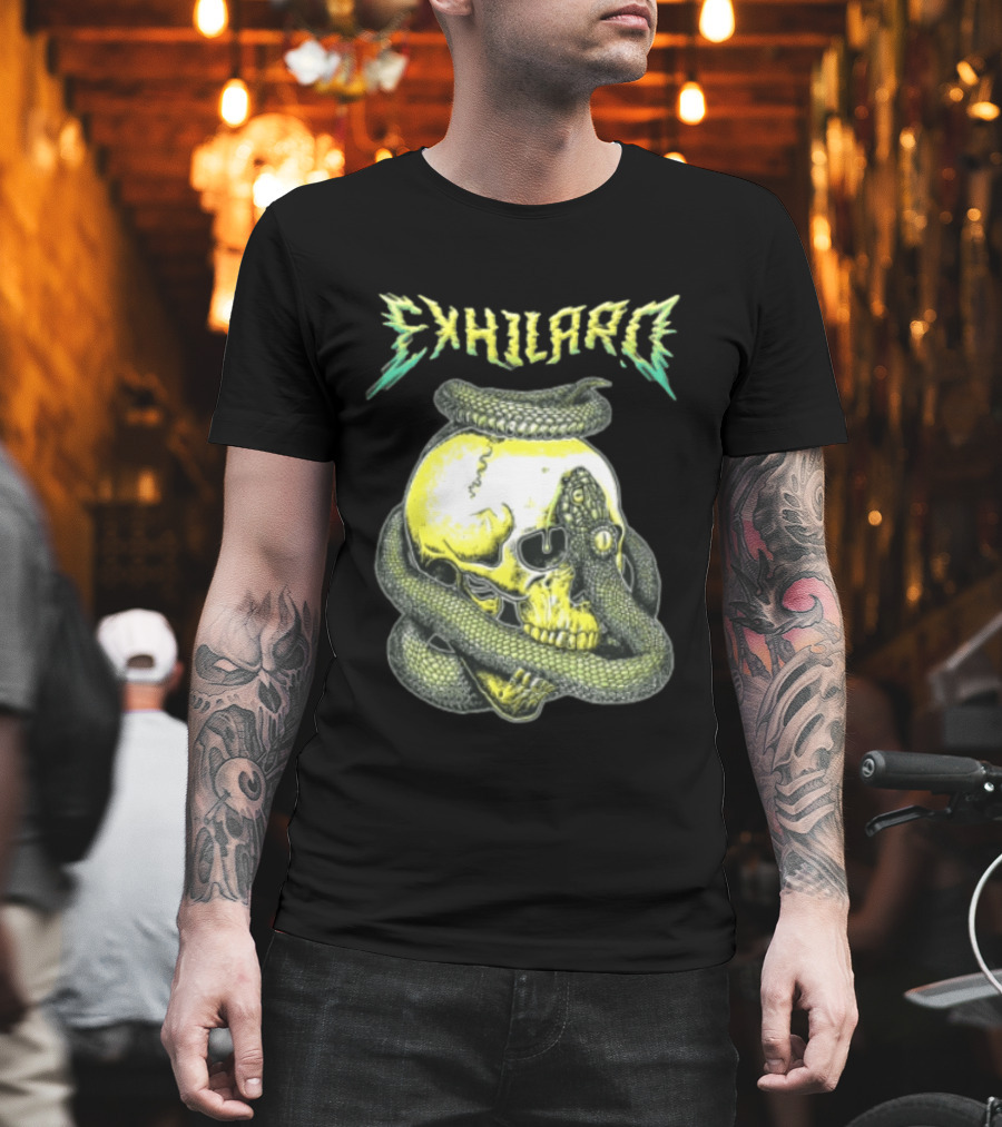 Exhilaro Venomous Serpent Coiled Around Yellow Human Skull T-Shirt