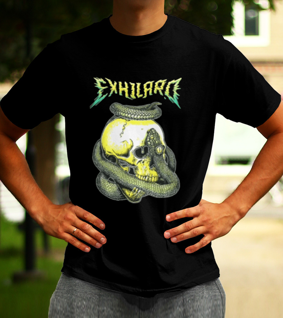Exhilaro Venomous Serpent Coiled Around Yellow Human Skull T-Shirt