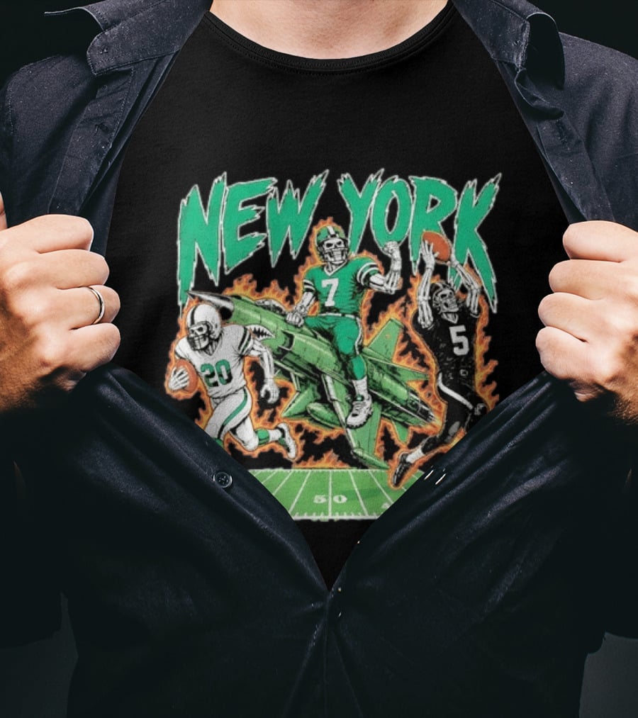 New York Jets Skeleton Football Players With Jet And Field T-Shirt