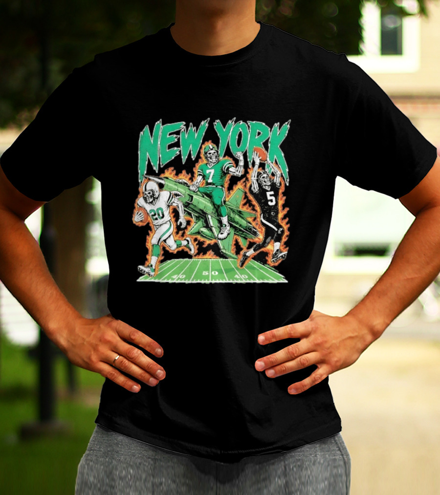 New York Jets Skeleton Football Players With Jet And Field T-Shirt