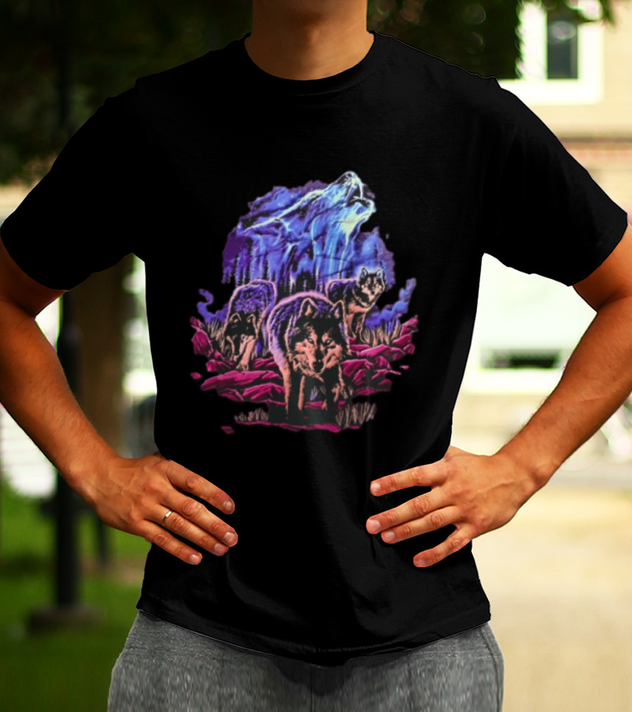 Odm San Diego 2000 Three Wolves Howling Celestial Northern Lights Woods T-Shirt