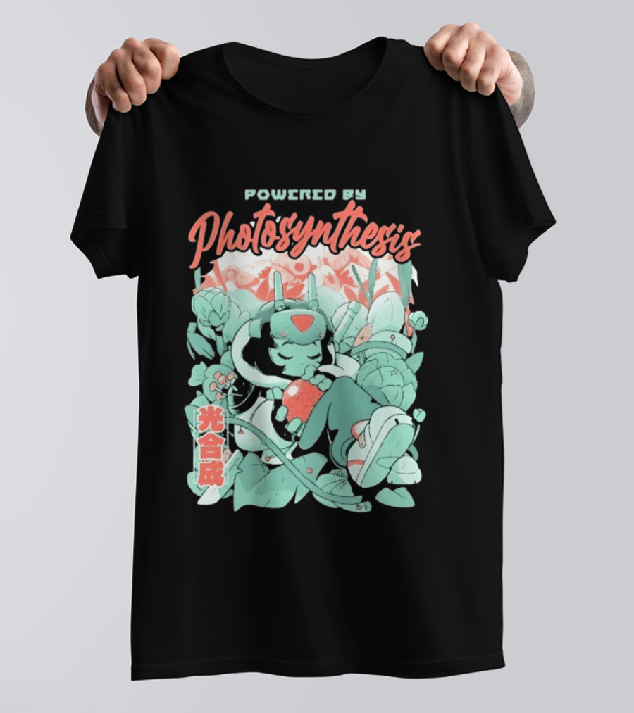 Powered By Photosynthesis Anime Kanji Characters And Cute Green Robot T-Shirt