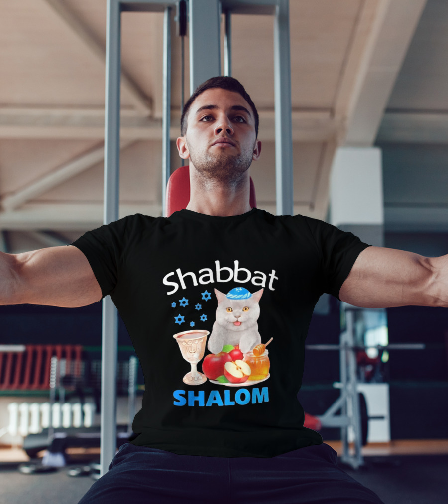 Shabbat Shalom Cat With Kippah Apples Honey And Wine Cup T-Shirt