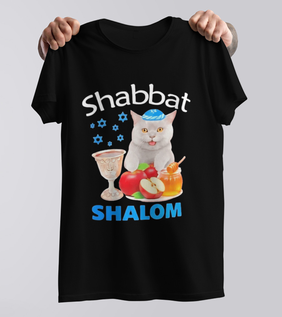 Shabbat Shalom Cat With Kippah Apples Honey And Wine Cup T-Shirt
