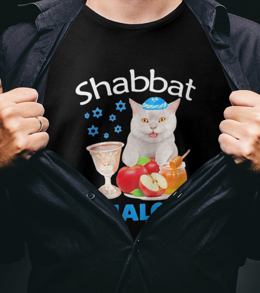 Shabbat Shalom Cat With Kippah Apples Honey And Wine Cup T-Shirt