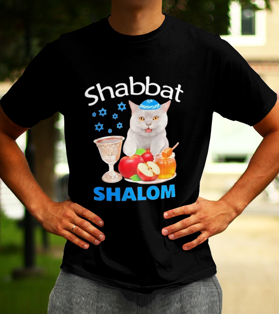 Shabbat Shalom Cat With Kippah Apples Honey And Wine Cup T-Shirt