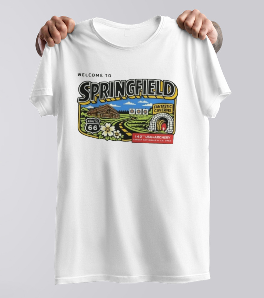 Welcome To Springfield Route 66 Fantastic Caverns 142nd USA Archery Target Nationals U.S. Open T-Shirt