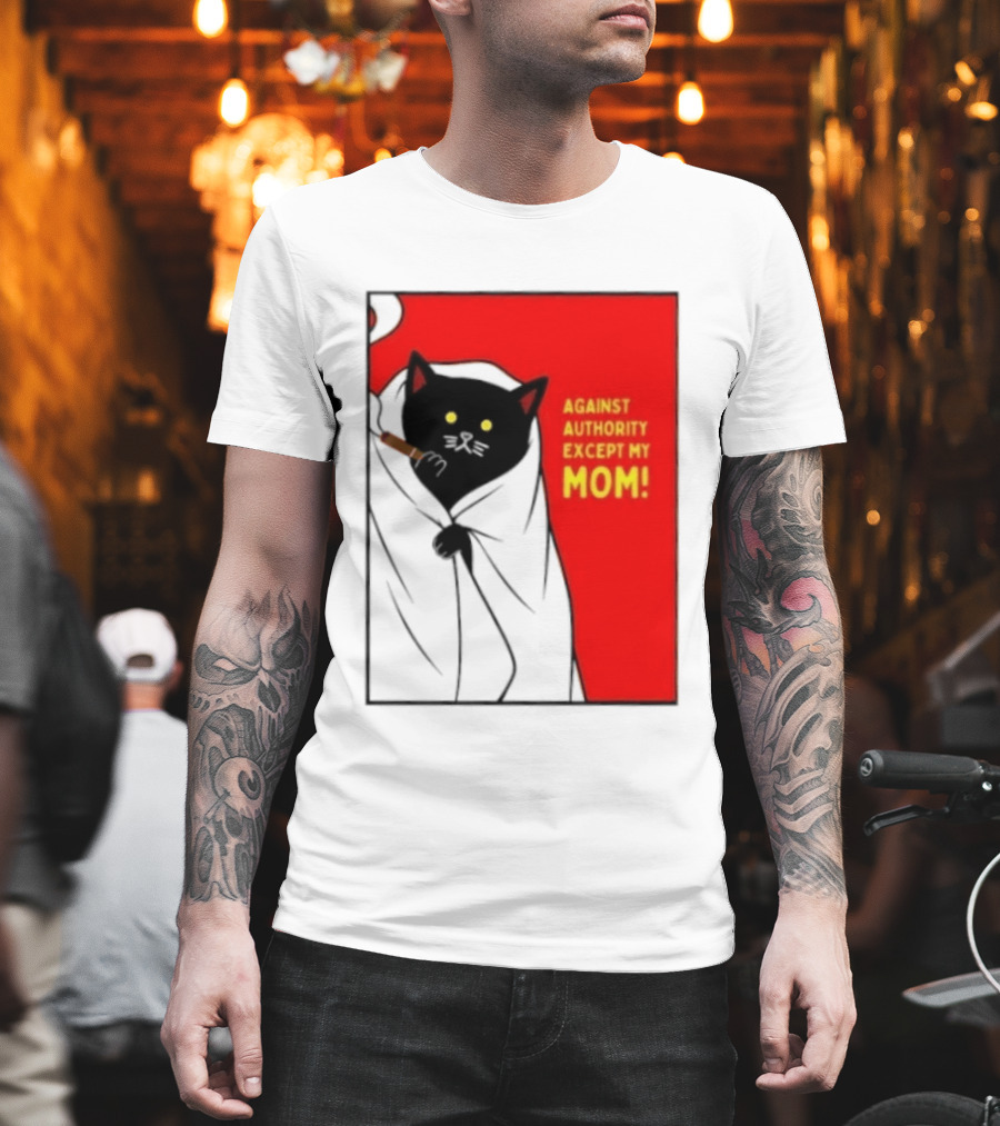 Black Cat Against Authority Except My Mom Smoking Cloaked Yellow Eyes Red T-Shirt