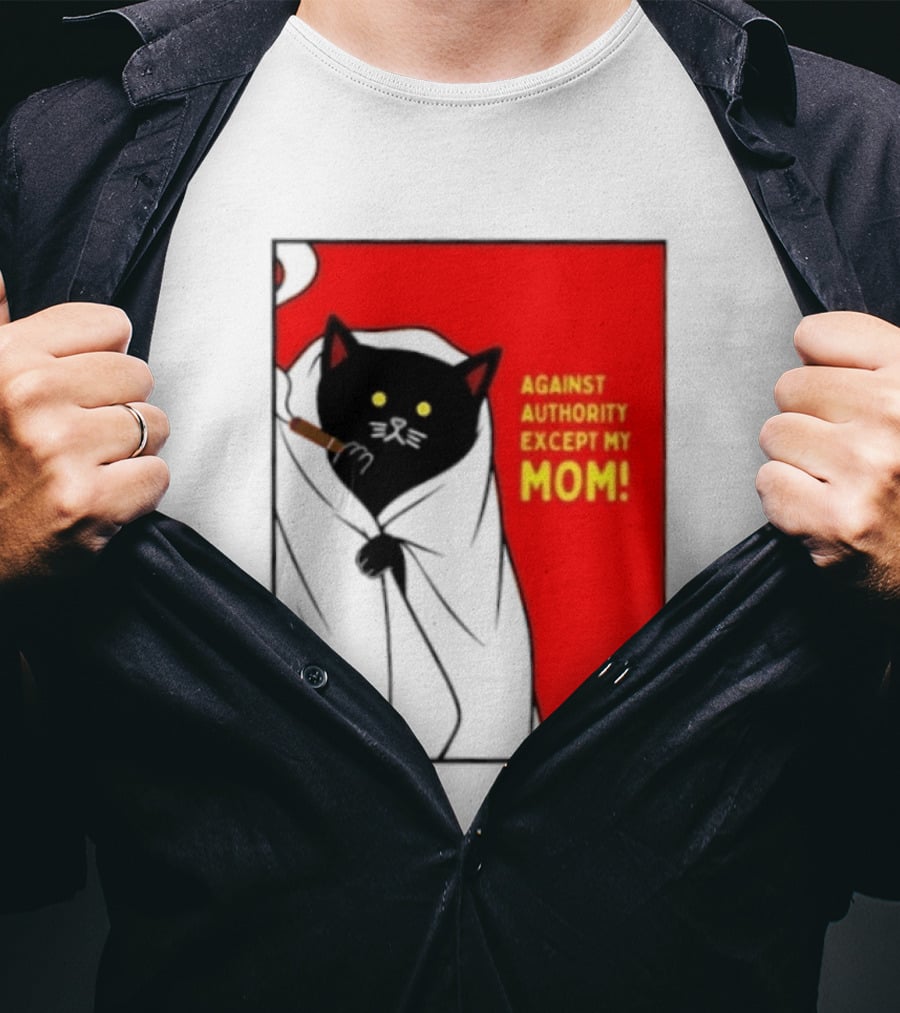 Black Cat Against Authority Except My Mom Smoking Cloaked Yellow Eyes Red T-Shirt