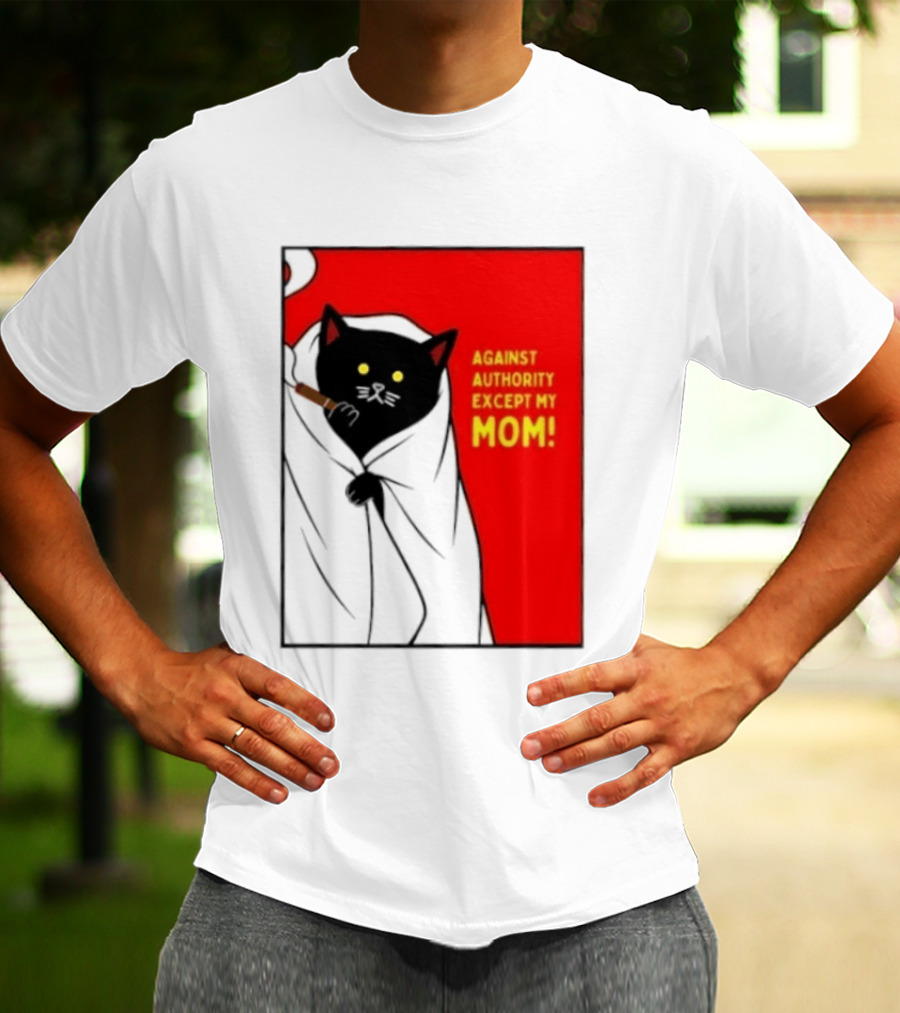 Black Cat Against Authority Except My Mom Smoking Cloaked Yellow Eyes Red T-Shirt