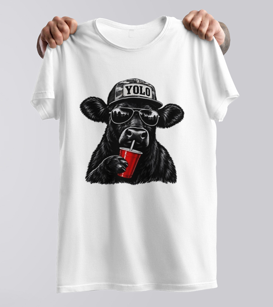 Cow With Yolo Camo Hat Sunglasses Red Cup T-Shirt