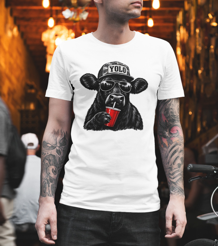 Cow With Yolo Camo Hat Sunglasses Red Cup T-Shirt