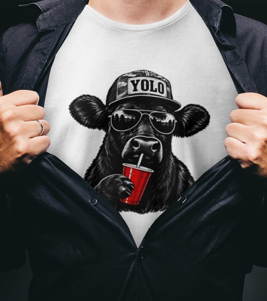 Cow With Yolo Camo Hat Sunglasses Red Cup T-Shirt