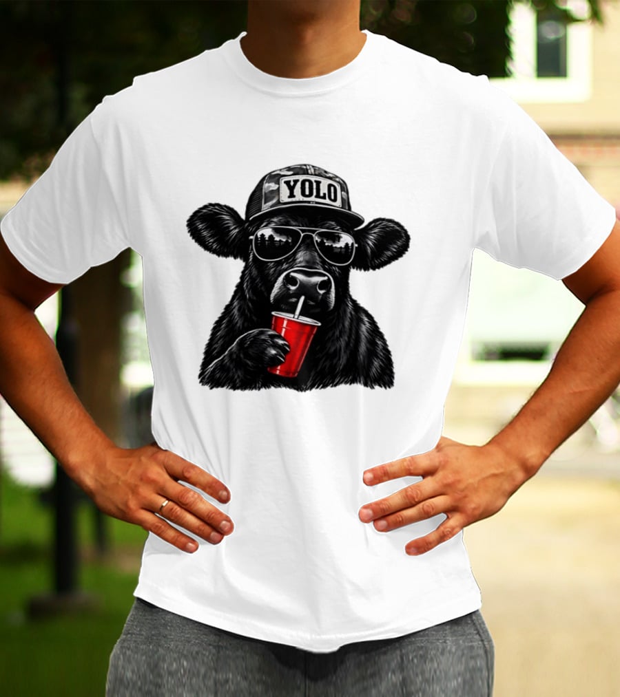 Cow With Yolo Camo Hat Sunglasses Red Cup T-Shirt