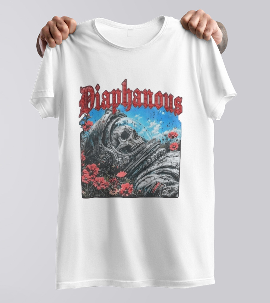 Diaphanous Distressed Skull Astronaut In Flowers With Cosmic T-Shirt