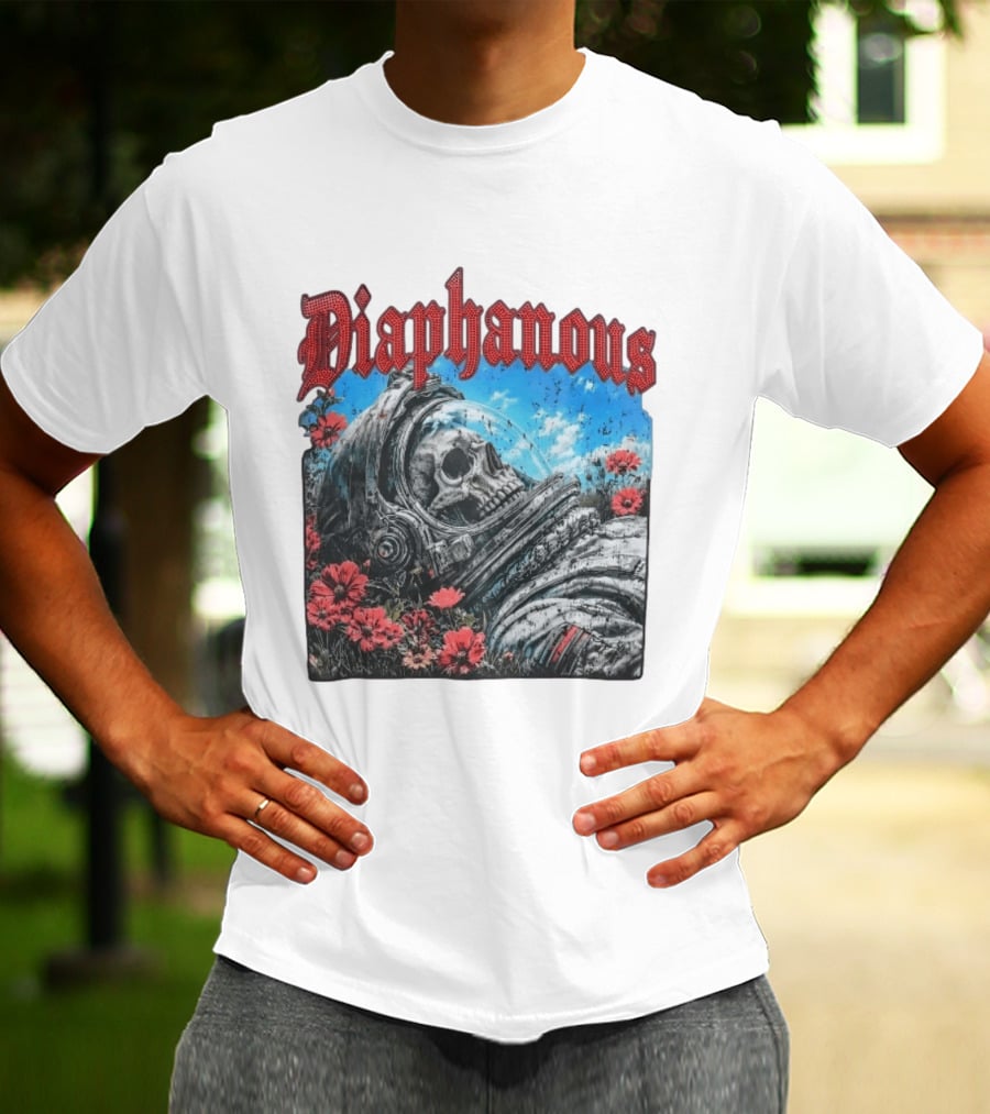 Diaphanous Distressed Skull Astronaut In Flowers With Cosmic T-Shirt