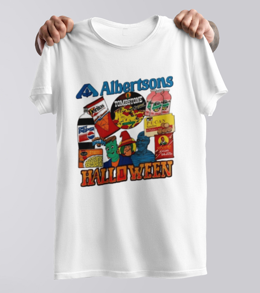 Albertsons Halloween Frankenstein Witch Mummy Featuring Diet Pepsi Doritos Tombstone Pizza T-Shirt