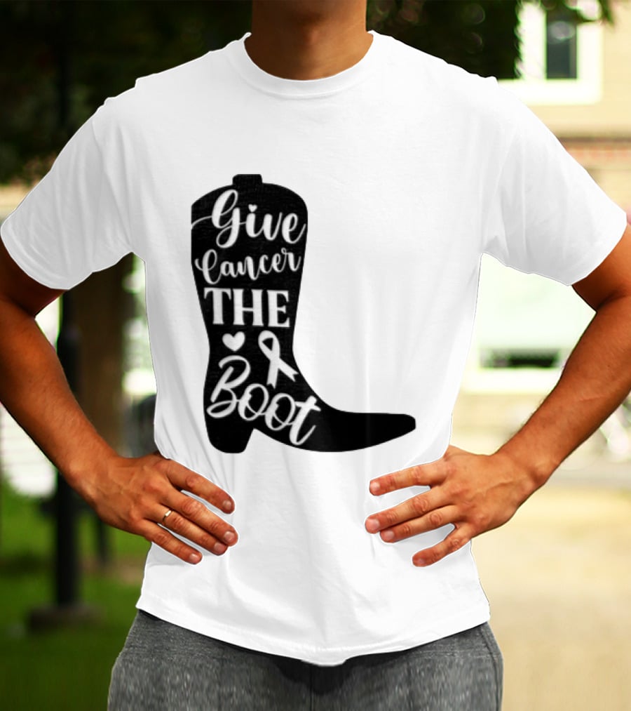 Give Cancer The Boot Awareness Ribbon Western Cowboy Boot T-Shirt