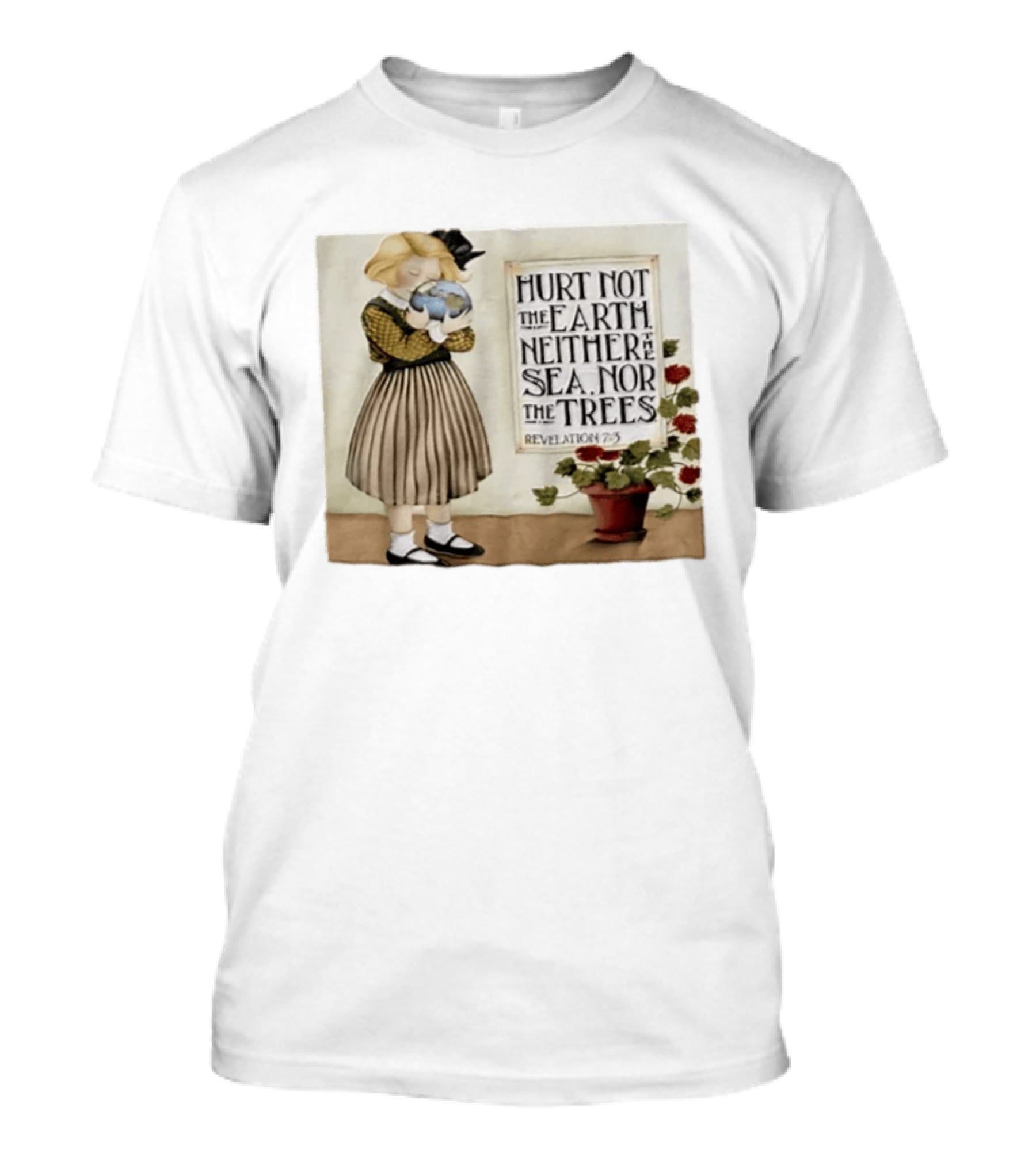 Hurt Not The Earth Revelation 7:3 Vintage Girl Holding Globe Environmental Protection T-Shirt