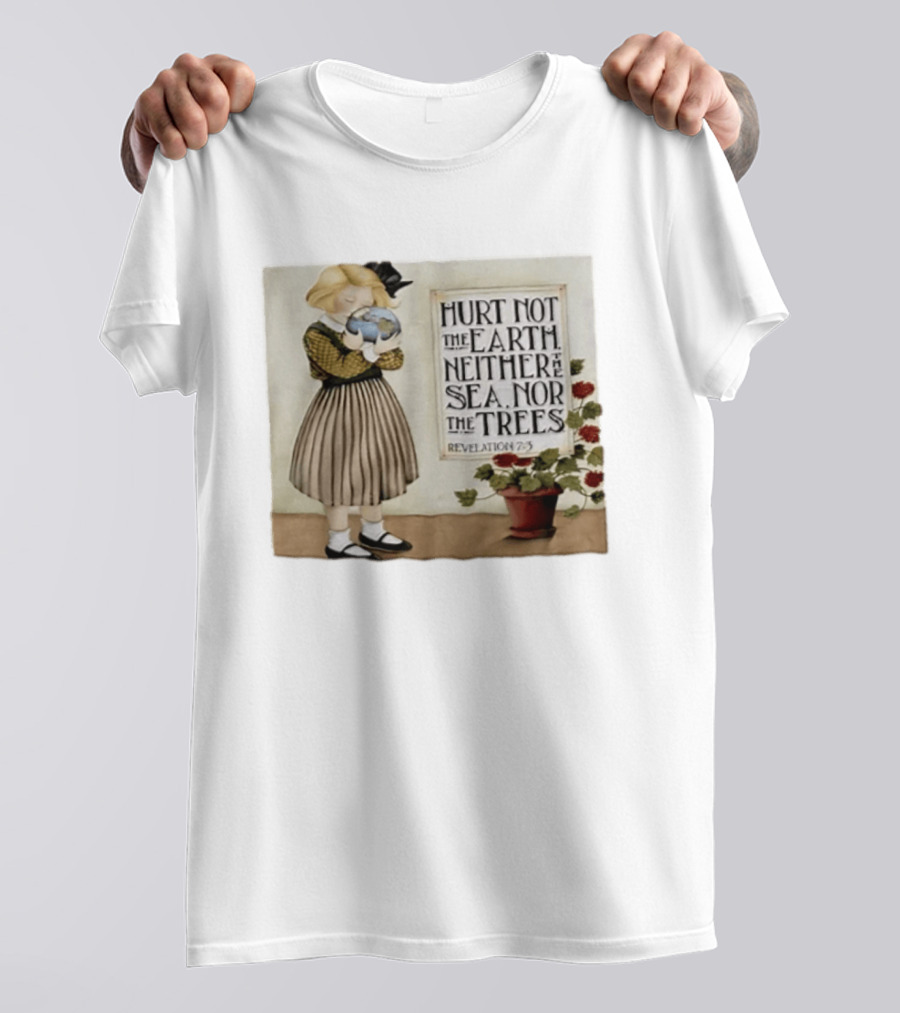 Hurt Not The Earth Revelation 7:3 Vintage Girl Holding Globe Environmental Protection T-Shirt