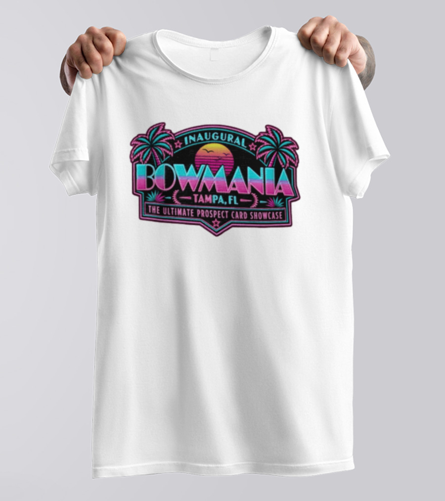 Inaugural Bowmania Tampa FL The Ultimate Prospect Card Showcase Retro Sunset Palm Trees T-Shirt