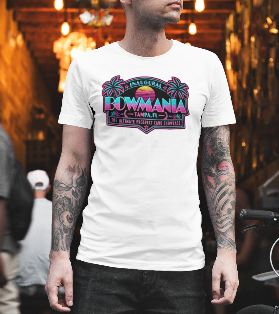 Inaugural Bowmania Tampa FL The Ultimate Prospect Card Showcase Retro Sunset Palm Trees T-Shirt