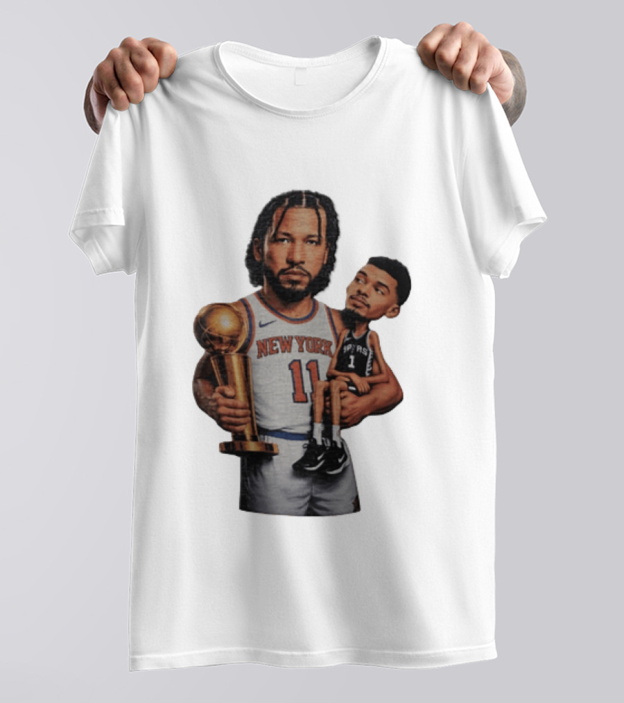 New York Knicks Jalen Brunson Embraces San Antonio Spurs Victor Wembanyama NBA Trophy T-Shirt