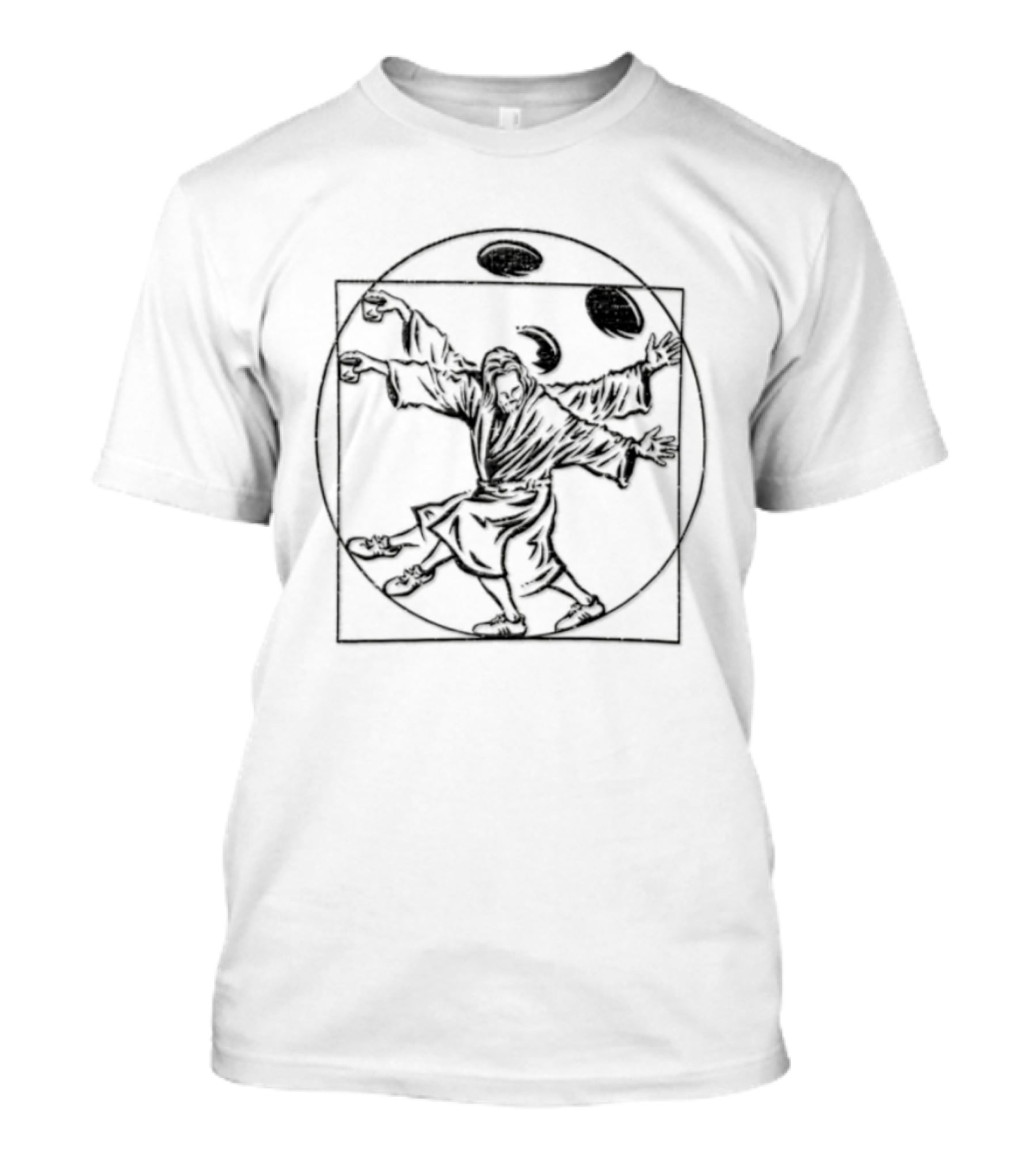 Jesus Christ Vitruvian Man Juggling Coffee And Whiskey Beans T-Shirt