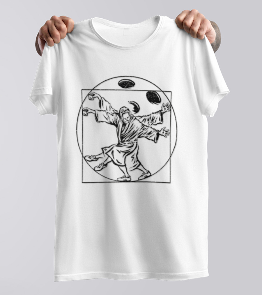 Jesus Christ Vitruvian Man Juggling Coffee And Whiskey Beans T-Shirt