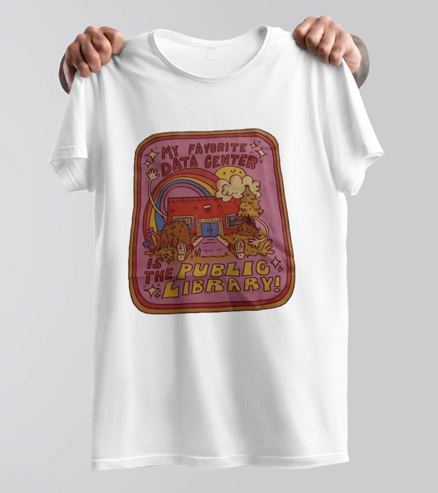 My Favorite Data Center Is The Public Library Rainbow Cartoon Library Scene T-Shirt