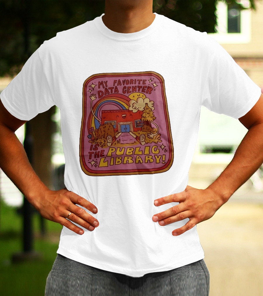 My Favorite Data Center Is The Public Library Rainbow Cartoon Library Scene T-Shirt