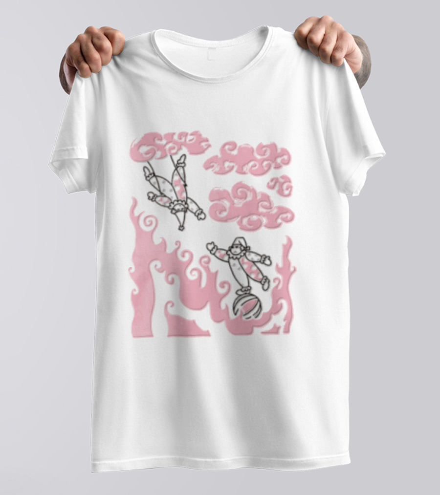 Pink Pastel Cartoon Circus Clowns Trapeze Ball Clouds Flames T-Shirt