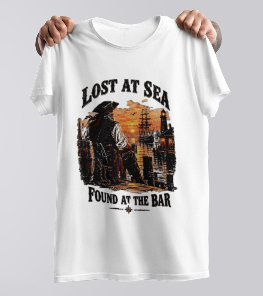 Lost At Sea Found At The Bar Pirate Sunset Tavern Lighthouse Nautical Adventure T-Shirt