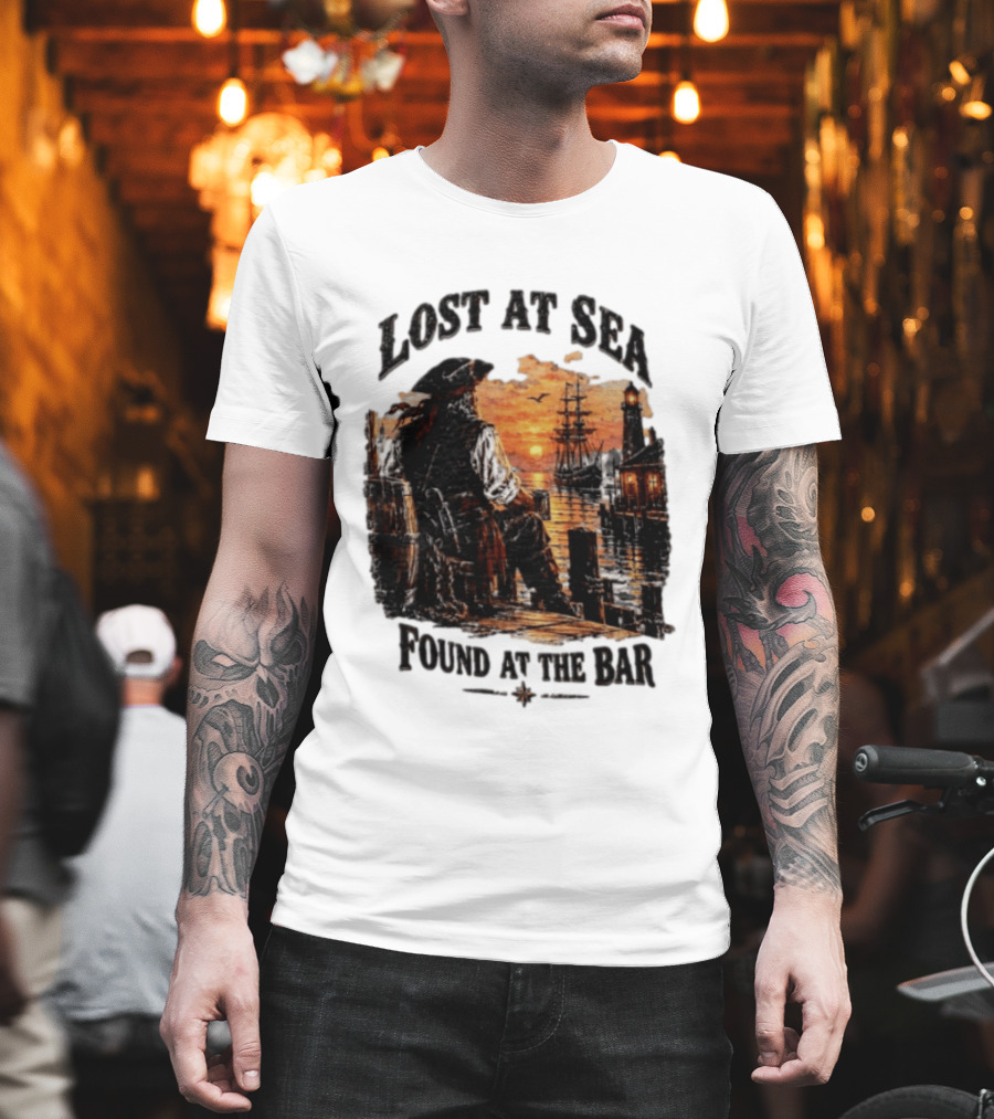 Lost At Sea Found At The Bar Pirate Sunset Tavern Lighthouse Nautical Adventure T-Shirt