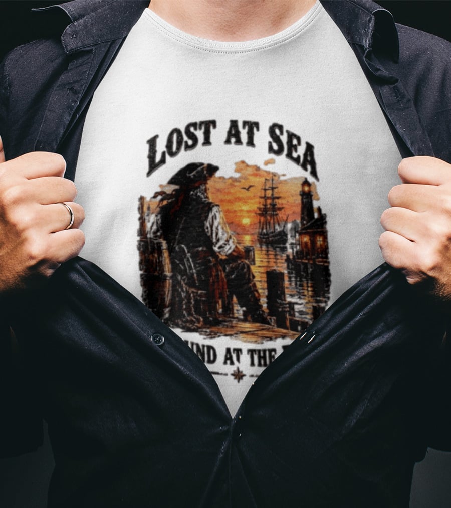 Lost At Sea Found At The Bar Pirate Sunset Tavern Lighthouse Nautical Adventure T-Shirt