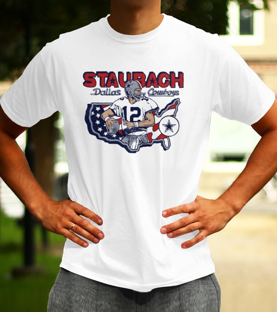 Staubach Dallas Cowboys 12 USA Map Star Helmet Football T-Shirt