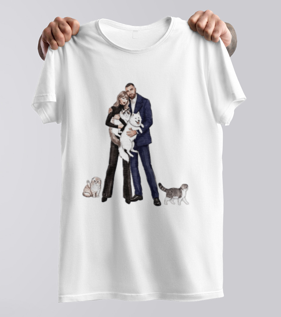 Kansas City Chiefs Couple Taylor Travis Kelce With Cats And Dog T-Shirt