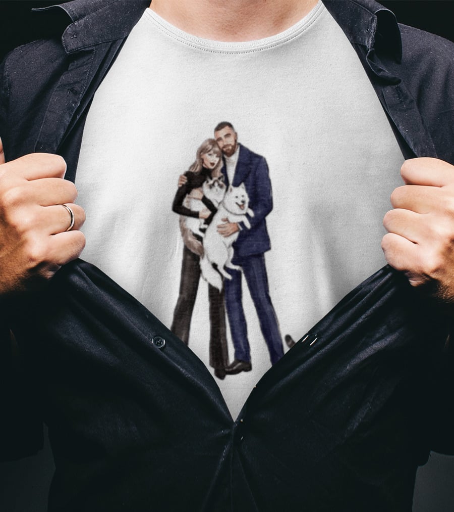 Kansas City Chiefs Couple Taylor Travis Kelce With Cats And Dog T-Shirt