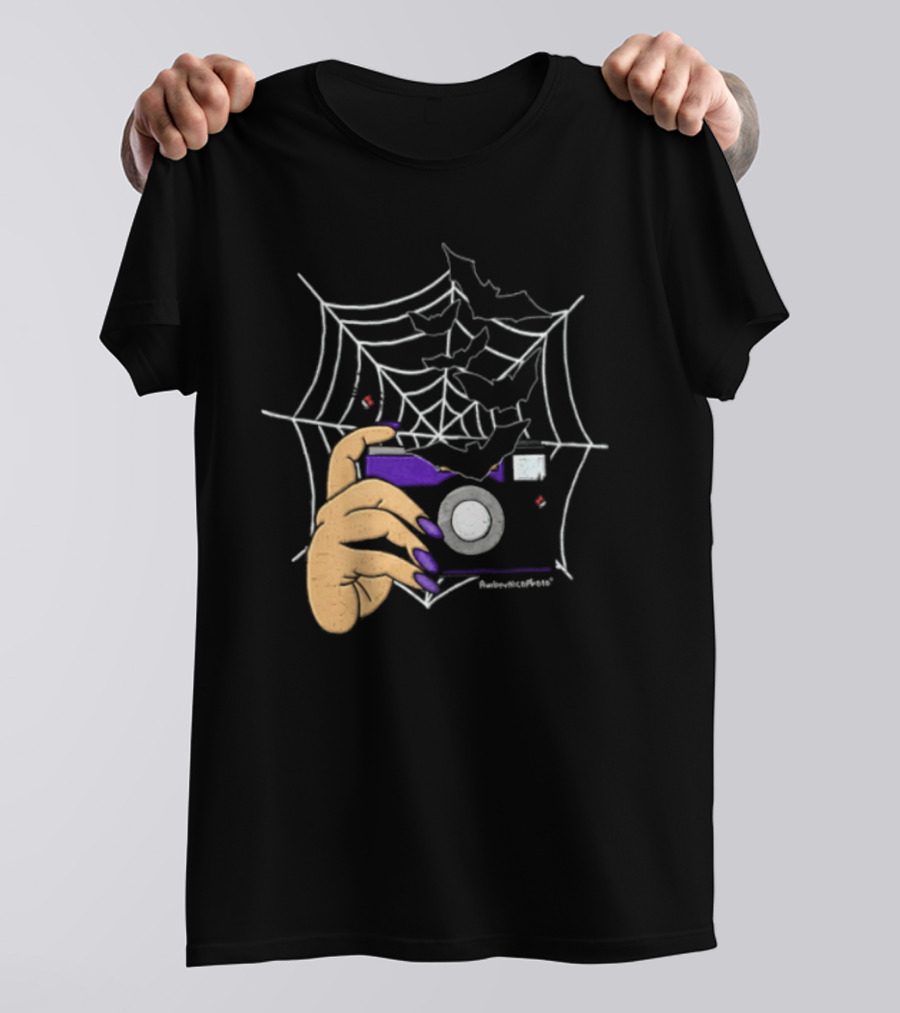 AmberNicoPhoto Camera With Bats And Spider Web Halloween T-Shirt